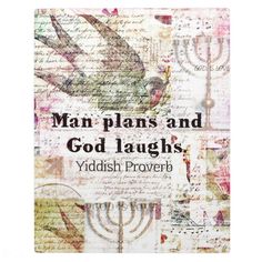 a book cover with the words man plans and god laughs written in hebrew on it