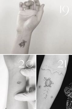 four different tattoos on the arm and wrist, each with a small turtle in it