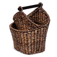 two wicker baskets sitting side by side on a white background with the handles down