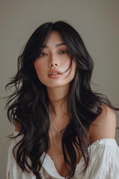 Long Hair Woman Style, Face Framing Layers Asian Hair, Shaggy Asian Hair, Long 70s Hair, Layered Wavy Hair With Bangs, Wavy Asian Hair, Korean Wavy Perm, Wide Face Hairstyles, Long Asian Hairstyles