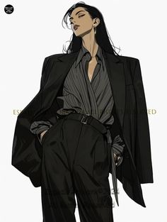 a drawing of a woman with long black hair wearing a suit and holding a knife