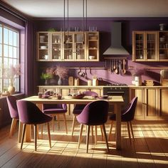 a kitchen with purple walls and wooden flooring next to a dining table surrounded by purple chairs