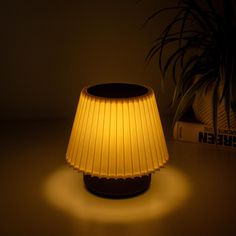 a lamp that is sitting on a table next to a book and potted plant