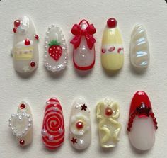 Japanese Christmas Nail Art, Red Kawaii Nails, Dessert Nails, Anime Nails, Fire Nails, Dream Nails, Funky Nails