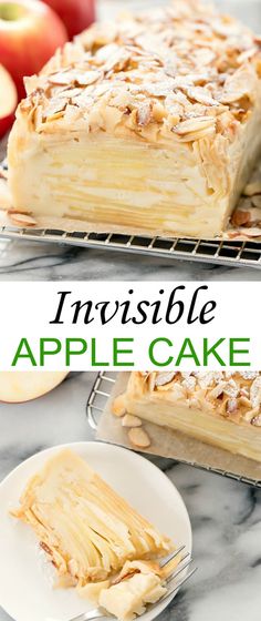 an apple cake on a cooling rack with the words invisible apple cake above it