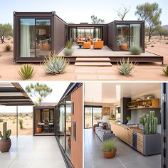 two pictures of the inside and outside of a house with cactus plants in front of it