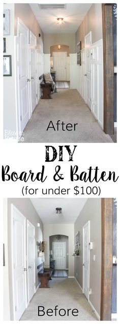 the before and after photos of a home's hallway, with text overlaying it