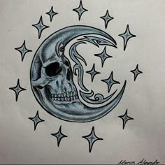 a drawing of a skull on the moon with stars