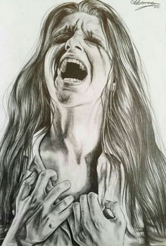 a drawing of a woman with her mouth open and hands in front of her face