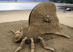 there is a sand sculpture on the beach with a spiderweaver in it