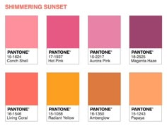 the pantone color scheme is shown in shades of pink, orange, and yellow