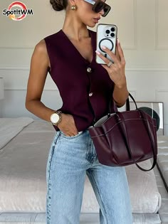 2024 Burgundy Casual V Neck Button Sleeveless Vest Women Elegant Knitted Vestcoat Female Autumn New New Years Eve Casual Outfit, Knitted Waistcoat, Waistcoat Fashion, Slim Vest, Slim Sweater, Knitwear Fashion, Women Street, Casual Vest, Women Sleeve