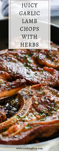 juicy garlic lamb chops with herbs in a skillet