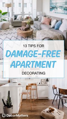 a living room with couches, chairs and coffee table in the center text reads 13 tips for damage - free apartment decor