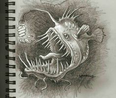 a pencil drawing of a fish with its mouth open and teeth wide open in front of it