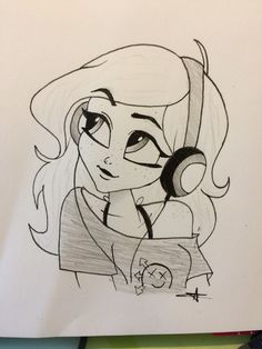 a drawing of a girl with headphones on