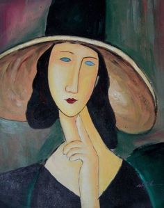 a painting of a woman wearing a large hat and holding her hand to her chin