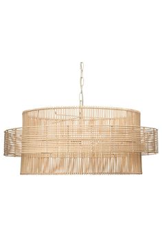 a bamboo chandelier hanging from a ceiling fixture on a white background with clippings