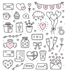 valentine's day doodles with hearts, gifts and other things to write on them