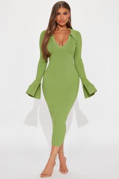 Fallon Sweater Midi Dress - Green | Fashion Nova, Dresses | Fashion Nova Knit Sweater Dress Outfit, Green Dress For Women, Apple Green Dress, Mock Dress, Hand Dress, Sweater Midi Dress, Peacock Dress, Sweater Dress Outfit, Sweater Maxi Dress