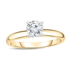 a yellow gold engagement ring with a round diamond in the center, on a white background