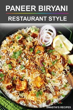 paneer biriyani restaurant style rice with onions and garlic on the side