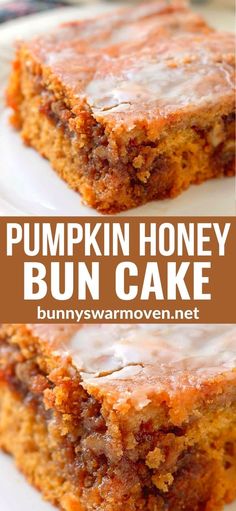 two pieces of pumpkin honey bun cake on a white plate with the words, pumpkin honey bun cake