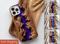 the case is made out of wood and has been painted with blue and purple paint