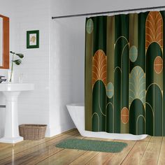 a bathroom with a green and gold shower curtain