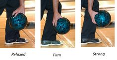 three different views of a person holding a bowling ball