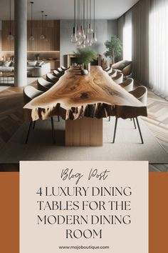 a dining room table with chairs and a chandelier hanging from the ceiling