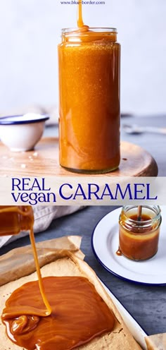 a jar filled with caramel sauce sitting on top of a table