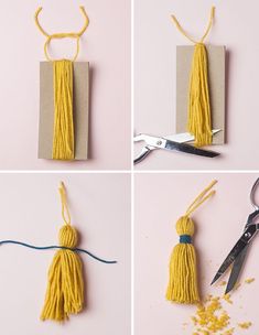 four pictures showing how to make tassels with yarn and scissors on the table