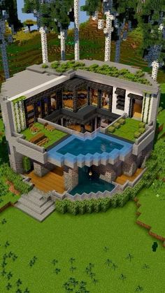 an aerial view of a modern house in minecraft