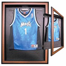 the basketball jersey display case is made from wood and holds two jerseys, one in blue