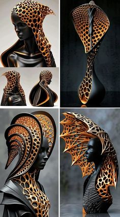 four different views of the head and body of a woman with intricate designs on it