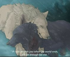 two wolfs are hugging each other in the rain with a quote above them that says, if can be with you when the world ends, i'll'll'll be enough for me