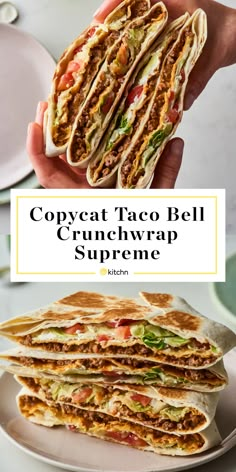 two different types of sandwiches with text overlay that reads copycat taco bell crunchwrap supreme