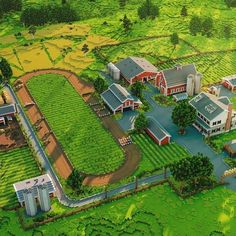 an artist's rendering of a large farm with lots of green grass and trees