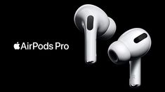 an airpods pro earbuds with the apple logo in front of it on a black background