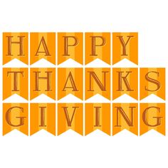 the words happy thanksgiving giving are arranged in orange and gold letters on an orange banner