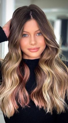 Rose Gold Peekaboo Highlights, Hair Styles With Highlights, Pretty Hair Styles, Pink Peekaboo Hair, Peekaboo Hair Color, Blonde Peekaboo Highlights, Stylish Hair Colors, Peekaboo Hair Colors, Highlight Ideas