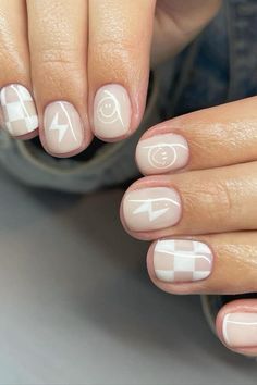 Short Nail Designs With White, Short Nails With Line Design, Simple Nails Smiley Face, Nails With Cuticle Line, Fun Nail Ideas For Short Nails, Multi Color Manicure Ideas, Fun Cute Nail Designs, Smiley Nails Short, Really Short Biab Nails