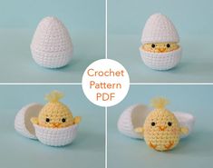 crochet chicken in an egg shell pattern with four different pictures to show how to make it