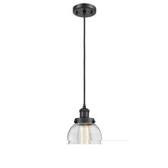 a small glass light fixture hanging from a black ceiling lamp with a clear globe shade