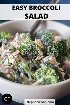 broccoli salad in a white bowl with text overlay