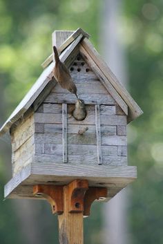 a bird house with two birds on the roof