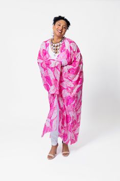 Elevate your summer style with the elegant touch of silver featured in this lightweight kimono. Its versatility makes it ideal for beach days, lunches, or date nights, ensuring you'll make a statement wherever you go this season. Chic Flowy Kimono For Beach Cover-up, One Size Pink Kimono For Summer, Pink Kimono For Beach Cover-up During Beach Season, Pink Kimono For Beach Cover-up, Chic Pink Kaftan For Beach Cover-up, Elegant Summer Kaftan For Vacation, Elegant Summer Vacation Kaftan, Chic Long Summer Kaftan, Elegant Long Vacation Cover-up