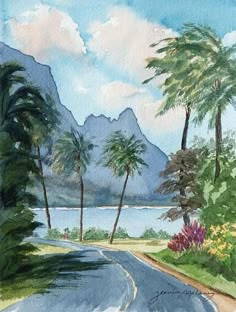 a watercolor painting of a tropical road with palm trees and mountains in the background