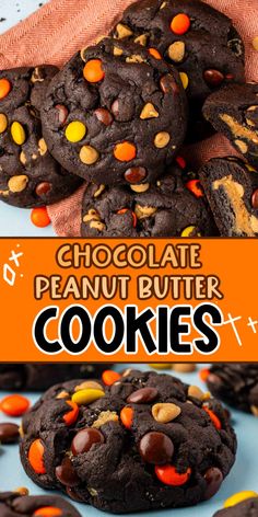 chocolate peanut butter cookies on a plate with candy corn and m & ms in the background